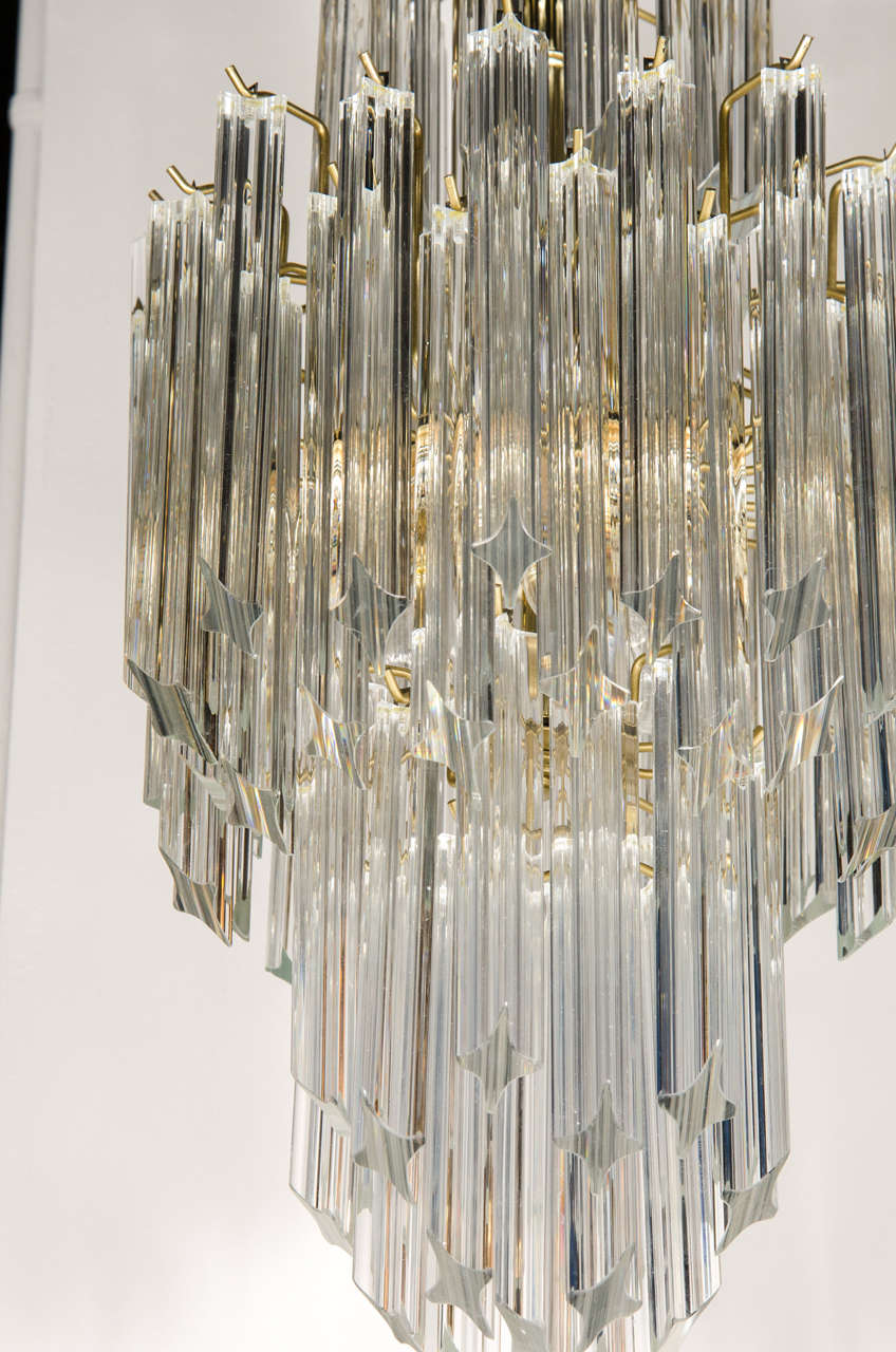 Mid-Century Modern Three-Tier Triedre Cut Translucent Glass Camer Chandelier In Excellent Condition For Sale In New York, NY