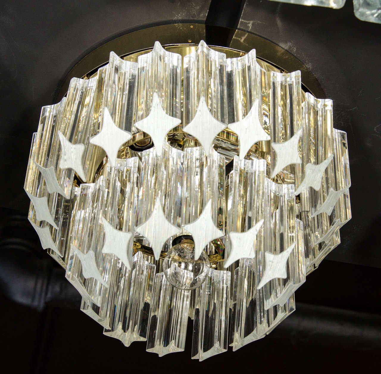 Italian Mid-Century Modernist, Two-Tier Brass and Triedre Crystal Camer Flush Mount