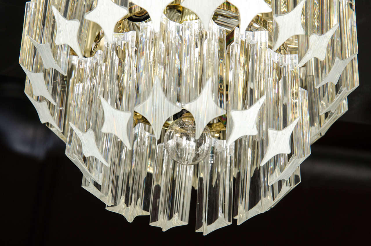 Late 20th Century Mid-Century Modernist, Two-Tier Brass and Triedre Crystal Camer Flush Mount