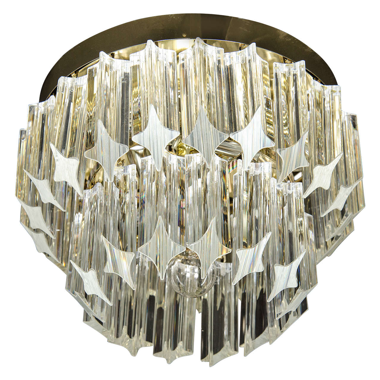 Mid-Century Modernist, Two-Tier Brass and Triedre Crystal Camer Flush Mount