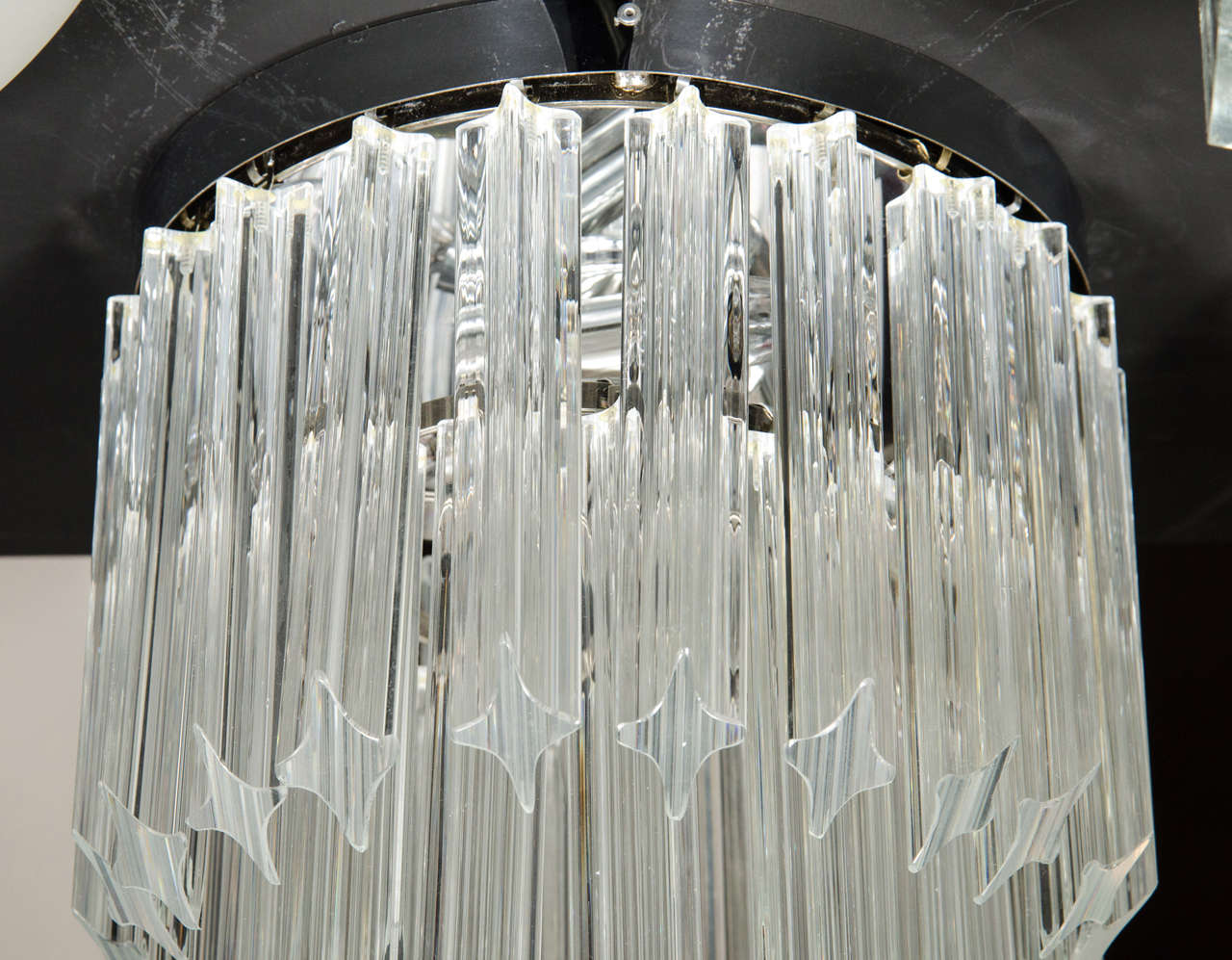 Mid-Century Modernist, Two-Tier Triedre Cut Crystal Camer Flush Mount Chandelier In Excellent Condition In New York, NY