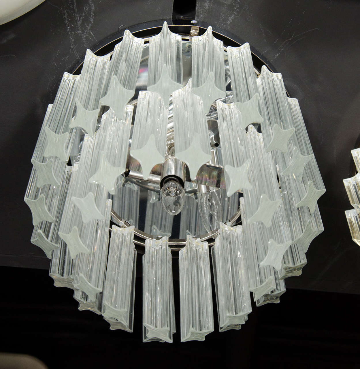 Late 20th Century Mid-Century Modernist, Two-Tier Triedre Cut Crystal Camer Flush Mount Chandelier