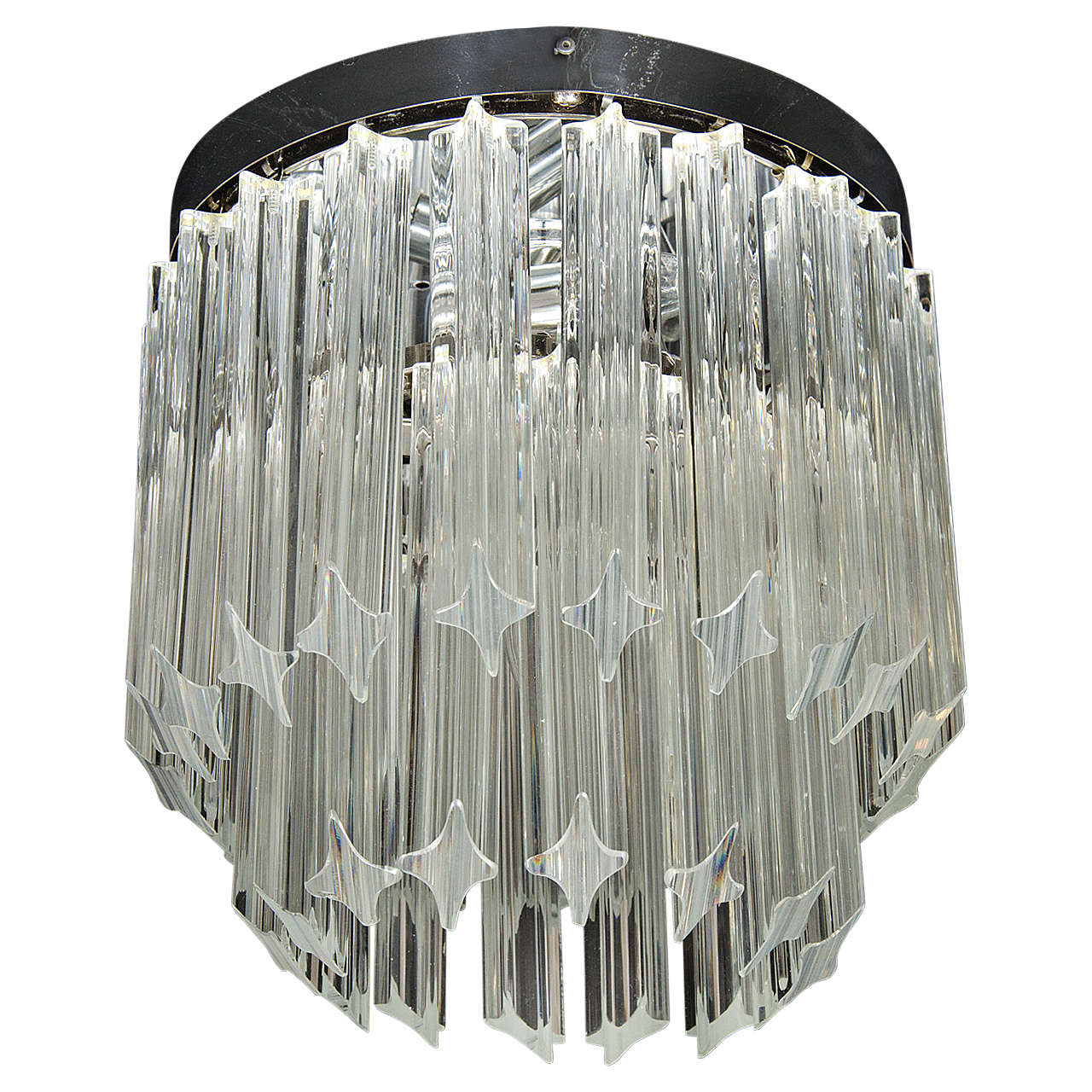 Mid-Century Modernist, Two-Tier Triedre Cut Crystal Camer Flush Mount Chandelier