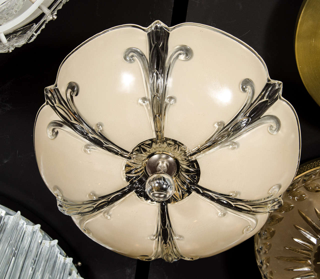 Mid-20th Century Art Deco Molded and Relief Glass Dome Chandelier