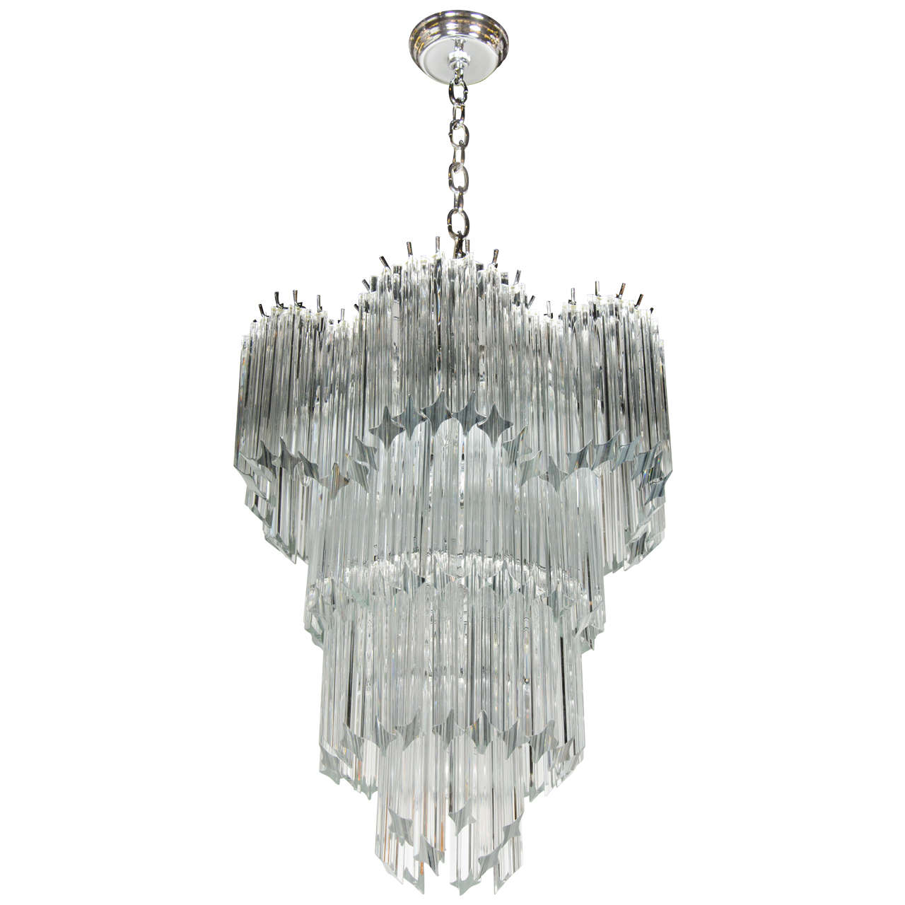 Mid-Century Modernist Scalloped Four-Tier Cut Triedre Crystal Camer Chandelier