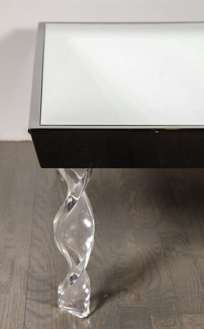 American Art Deco Cocktail Table by Grosfeld House in Lucite, Black Lacquer and Mirror