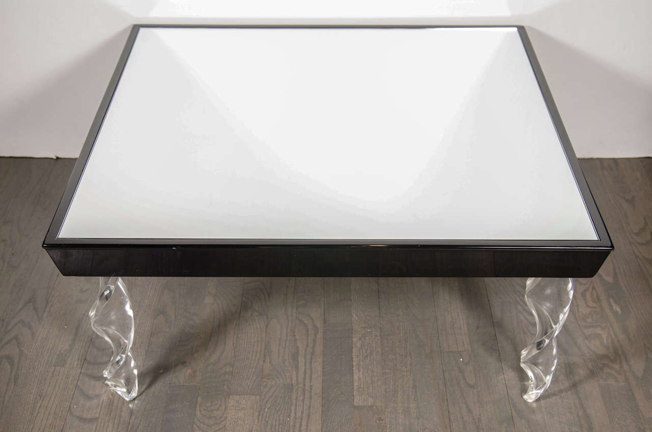 Mid-20th Century Art Deco Cocktail Table by Grosfeld House in Lucite, Black Lacquer and Mirror