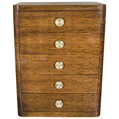 Streamlined Art Deco High Chest in Book Matched Walnut and Brass Pulls