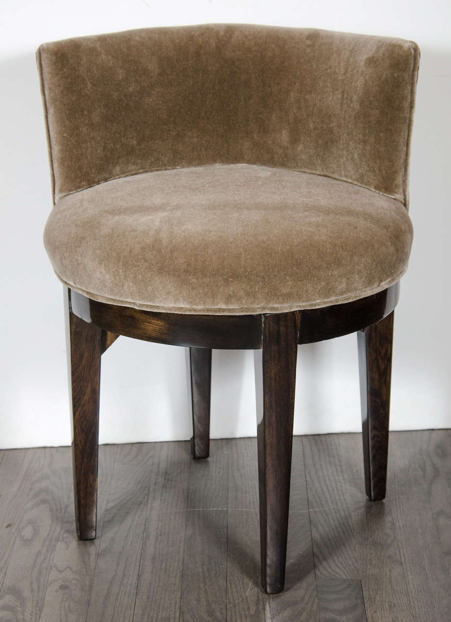 Art Deco Swivel Vanity Stool in Ebonized Walnut and Smoked Topaz Mohair