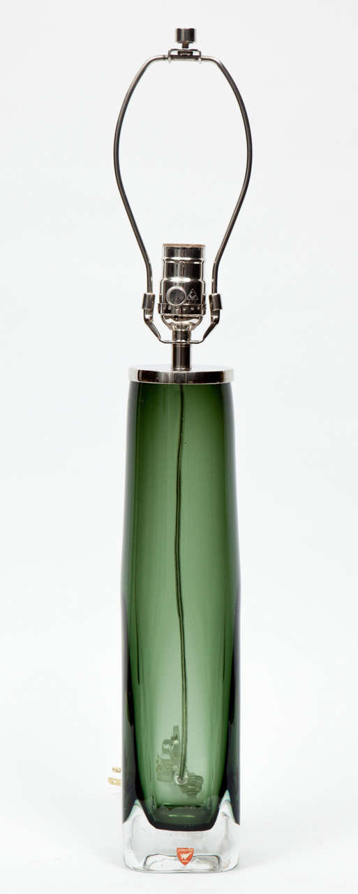 Scandinavian Modern Pair of Nils Landberg for Orrefors Moss Green Glass Lamps