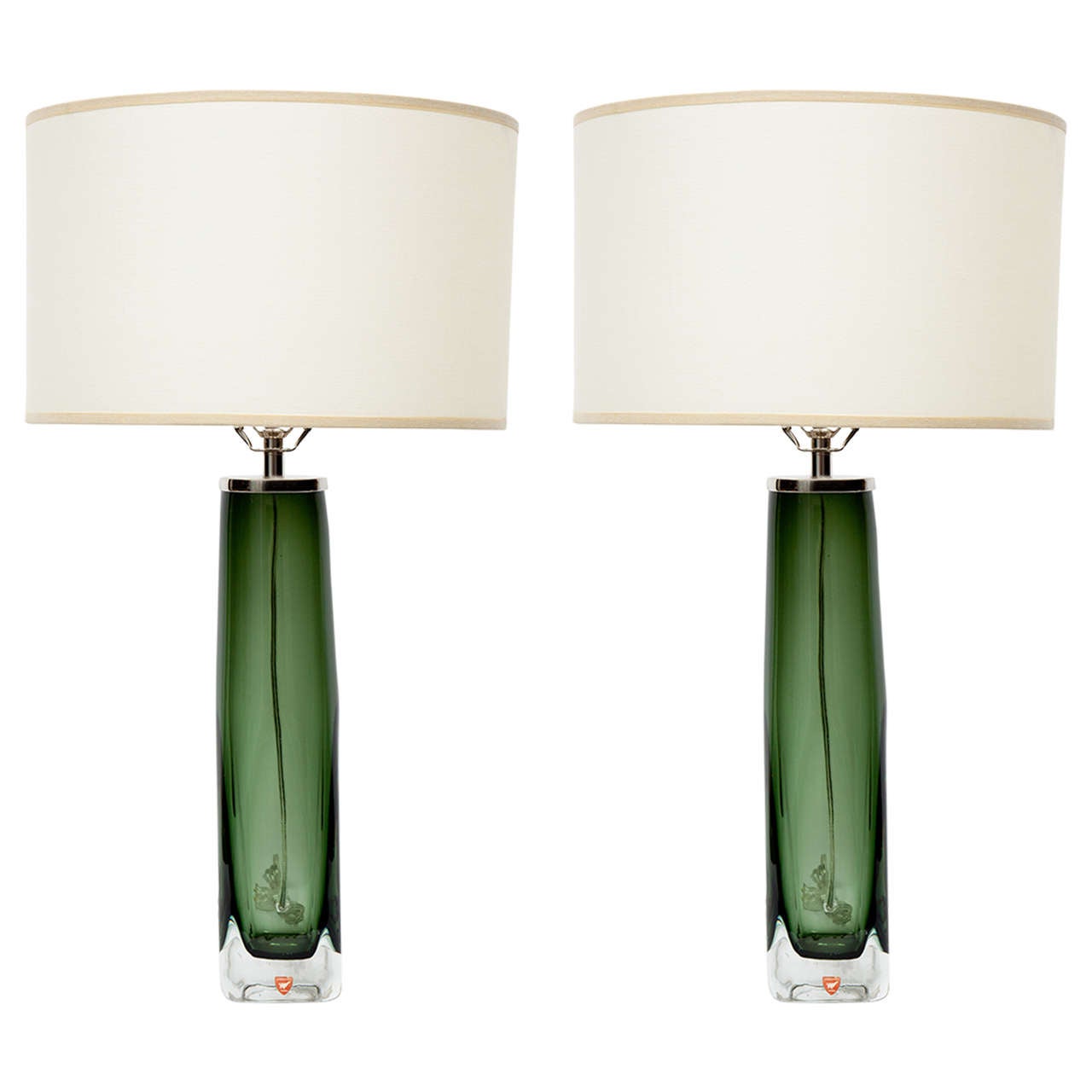 Pair of Nils Landberg for Orrefors Moss Green Glass Lamps