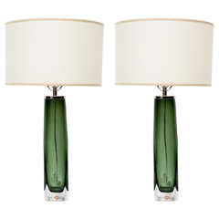 Pair of Nils Landberg for Orrefors Moss Green Glass Lamps