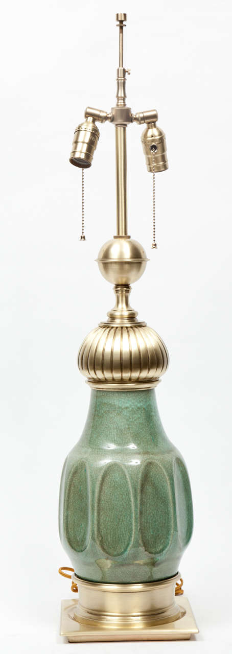American Pair of Jade Green Ceramic and Satin Brass Lamps by Stiffel