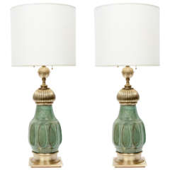 Pair of Jade Green Ceramic and Satin Brass Lamps by Stiffel
