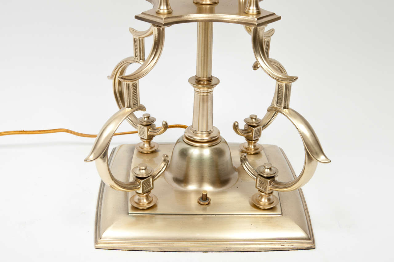 Hollywood Regency Pair of Satin Brass Candelabra Lamps by Stiffel