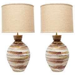 Pair of California Pottery Earthtone Striated Ceramic Lamps