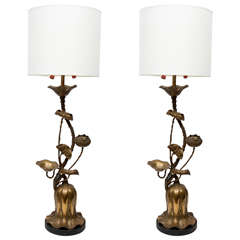 Pair of Bronze Lotus Lamps by Marbro