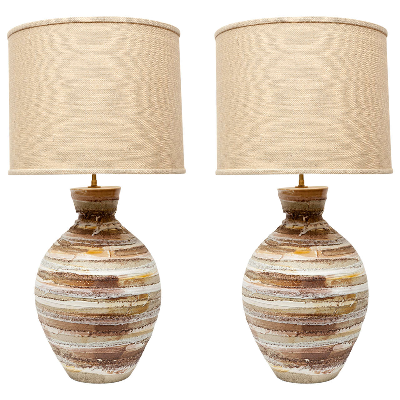 Pair of California Pottery Earthtone Striated Ceramic Lamps at 1stDibs