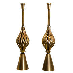 Pair Of Large Hollywood Regency Brass Lamps