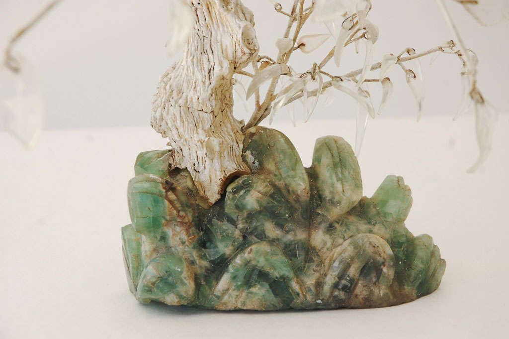 Chinese Hardstone Tree with Carved Rock Crystal Leaves and Jadeite Base