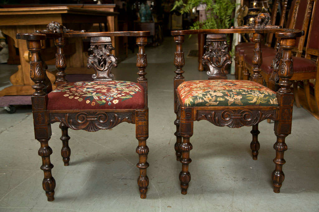Antique chippendale style mahogany gorgeous corner chairs. Intricate carvings, details, and design.  Both are in tapestry material, but are different patterns.  Seat fabrics can be easily changed.  Would accentuate any living area, dining area,