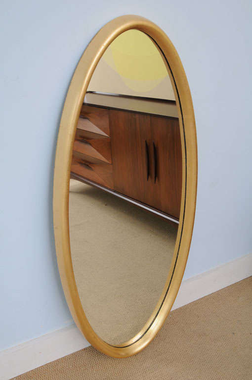 American Mid Century Modern Hollywood Regency Glam Gold Leaf Oval Mirror For Sale
