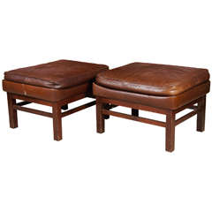 Pair of Danish Modern Ottomans with Leather Cushions