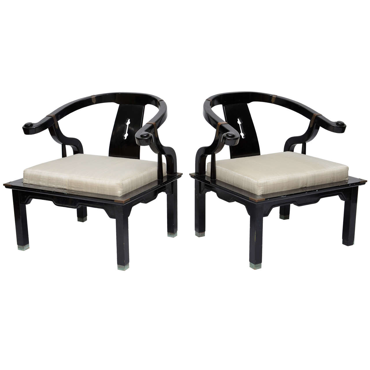 Pair of Chinoiserie Style James Mont Chairs with Dupioni Silk Cushions 1960