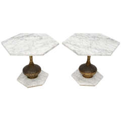 Italian Carrera Marble and Cast Brass Octagonal End Tables 1960s