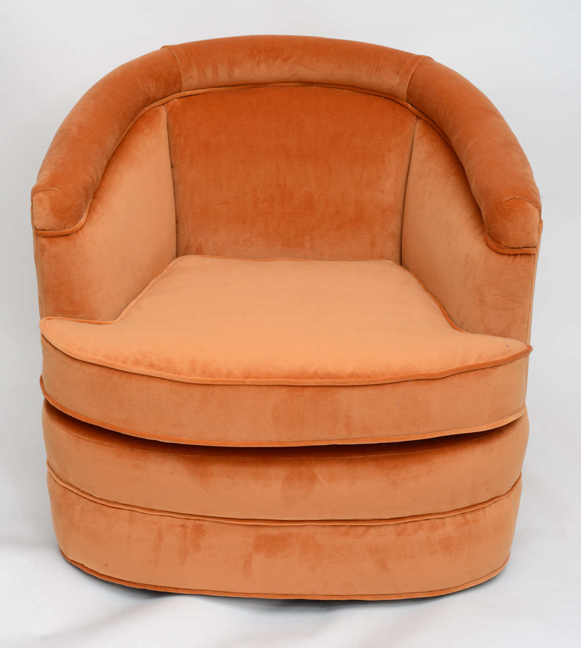 Refurbished pair of Harvey Probber Swivel Barrell Back club chairs.  Fabric melon velvet--new