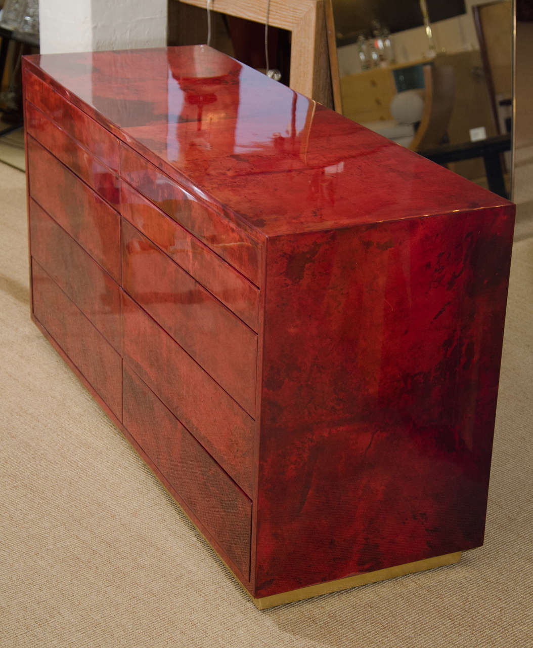 Italian Aldo Tura Red Parchment Commode with Ten Drawers For Sale