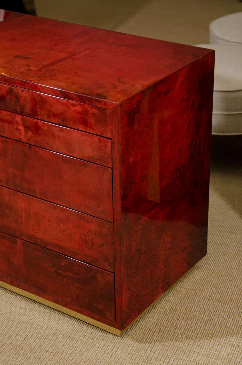 Aldo Tura Red Parchment Commode with Ten Drawers In Excellent Condition For Sale In New York, NY