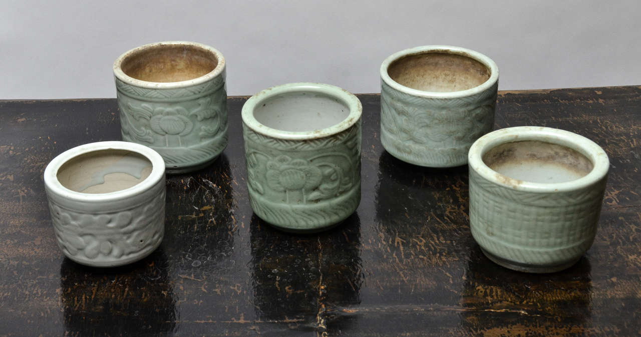 Turn of the Century Q'ing Dynasty Embossed Celadon Cachepot ( 3 available, priced and sold separately )