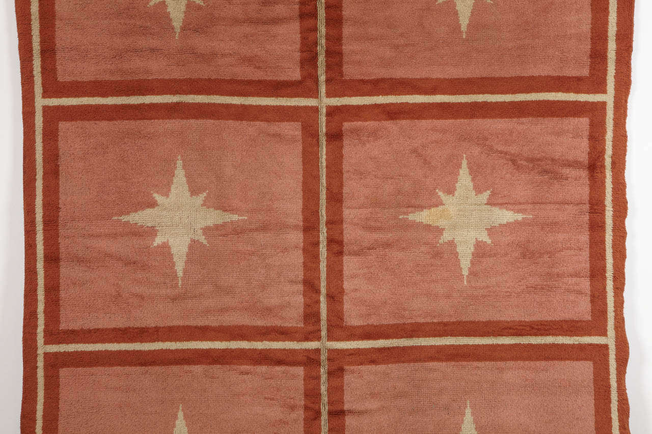 Hand-Knotted Blush Pink French Art Deco Rug with Stars, 1930s For Sale