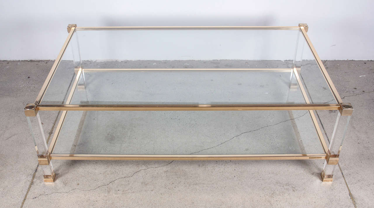 Late 20th Century Pierre Vandel Signed Lucite and Gilt Coffee Table For Sale