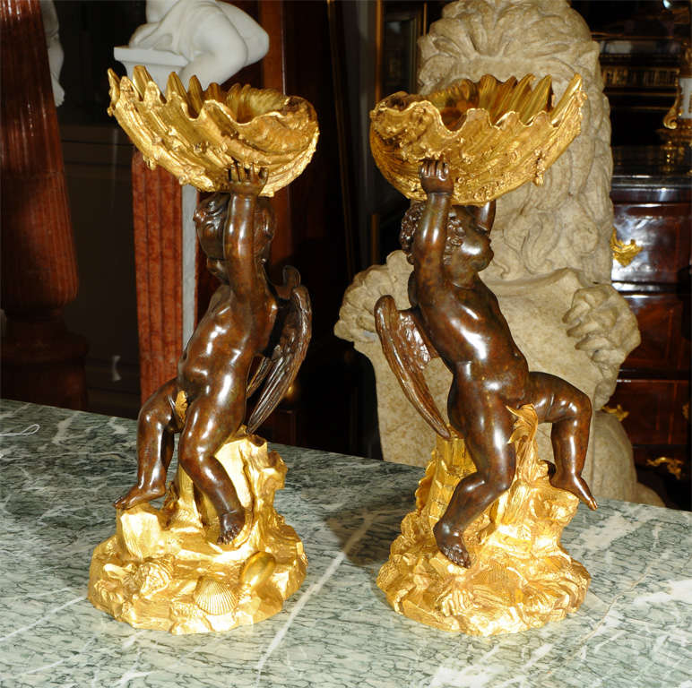 pr of 19th c bronze cherub compotes