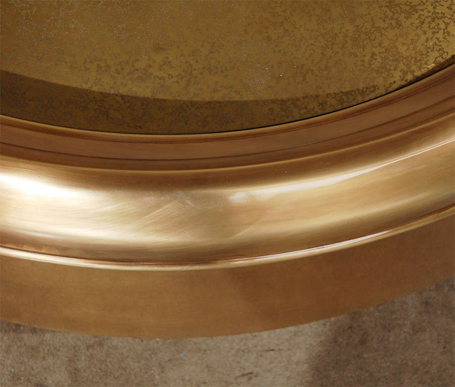 Mastercraft cocktail table, wide steel rimmed with solid brass top and side, lacquered. With acid etched top.