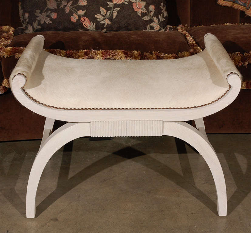 Paul Marra Neoclassical Bench in oak and cowhide. By order.