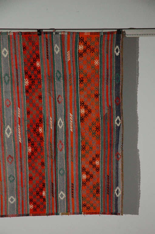 A pile less floor covering handwoven by tapestry techniques in Anatolia, the Balkans, or parts of Iran. In the rest of Iran, the Caucasus, and Turkistan, the name for similar pieces is palaz. In most kilims, a slit occurs wherever two colors meet