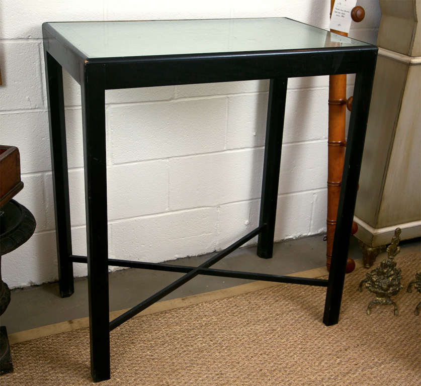 Vintage Ebonized Table with Monogrammed Glass Top from a Providence, RI Shop