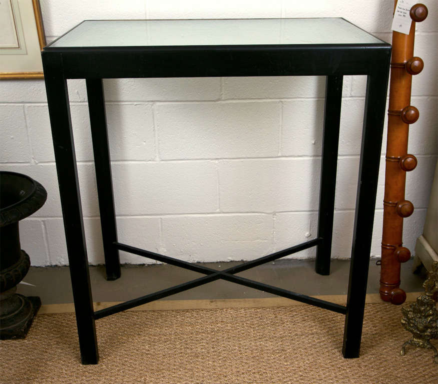Vintage Ebonized Table with Monogrammed Glass Top In Good Condition In Stamford, CT