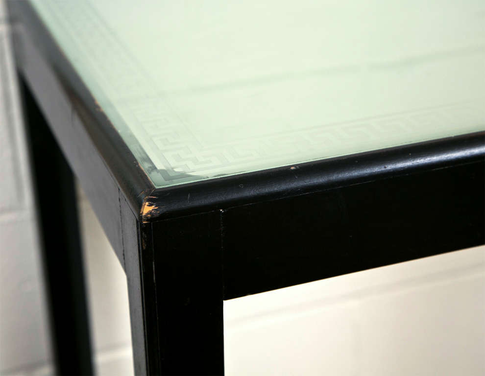 20th Century Vintage Ebonized Table with Monogrammed Glass Top