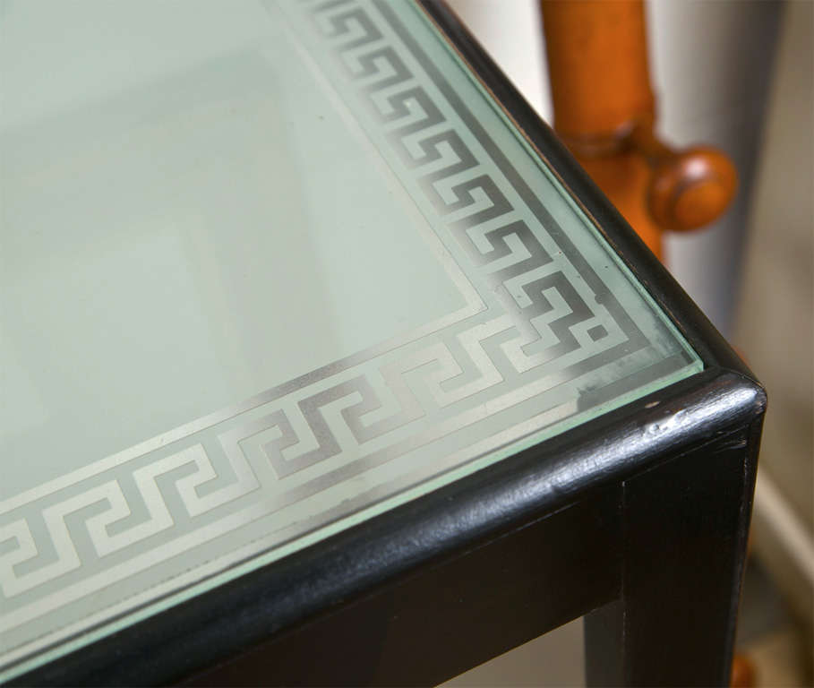 Vintage Ebonized Table with Monogrammed Glass Top 3