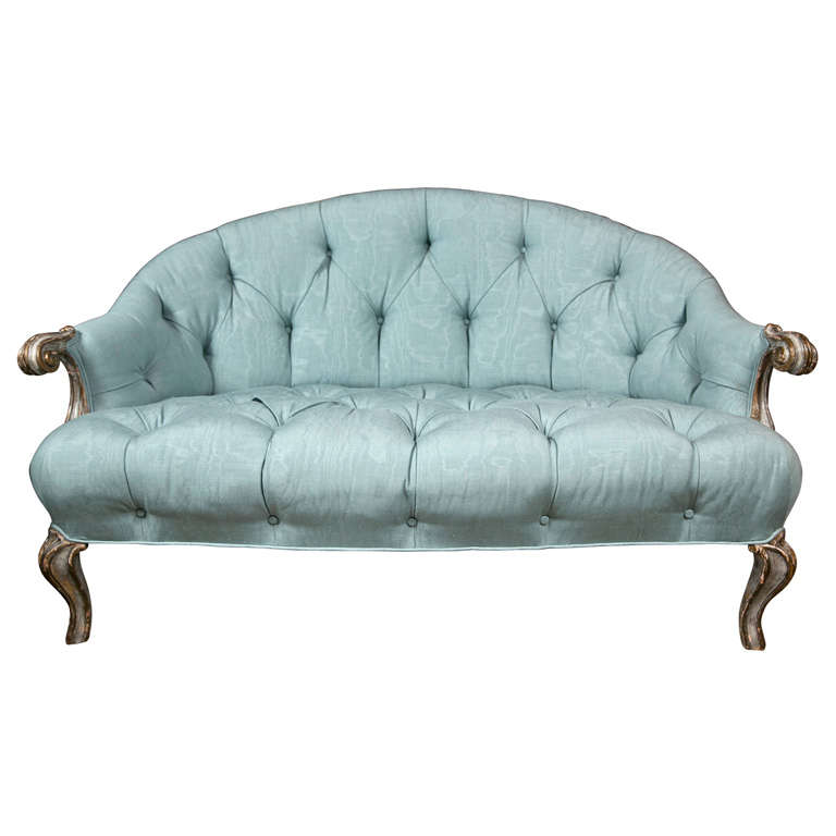 Antique Italian Rococo Style Painted Wood Sette in Blue Fabric