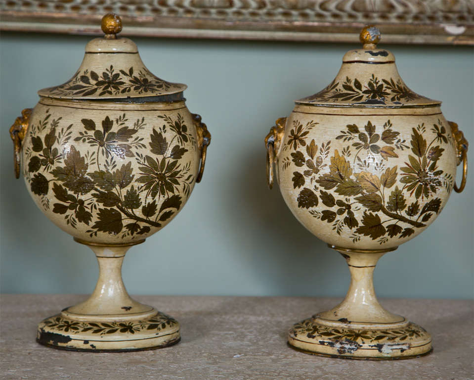 Tôle Pair of  Rare 19th Century French Tole Chestnut Urns