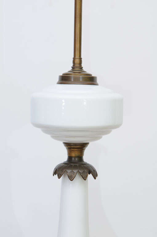 Edwardian Elegant Electrified Milk Glass / Brass Oil Lamps as Table Lamps