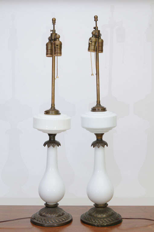 Elegant Electrified Milk Glass / Brass Oil Lamps as Table Lamps In Good Condition In Miami, FL