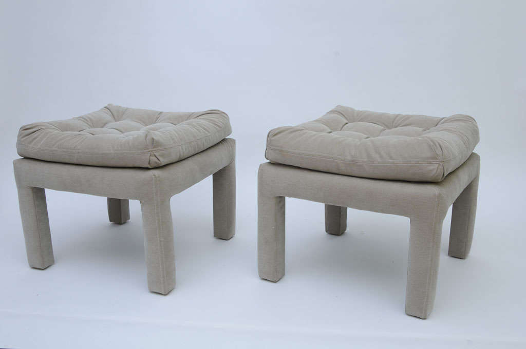 SOLD SOLD Exceptional size and plushness highlight this pair of tufted Milo Baughman parson style ottomans or stools or benches if you like.  At almost two feet wide each, they make a profile statement and their new neutral ultra suede impressed