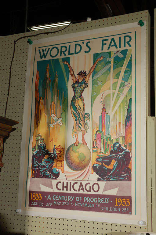 Offering a lovely 1933 World's Fair poster. Colors are vibrant, and the design is heavy toward art deco. Piece has been stored for 20 years and is in perfect condition. Poster is mounted on linen but the size below is the poster only!