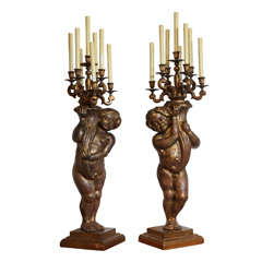 Pair of 7 Light Giltwood Figural Candelabras-20th Century